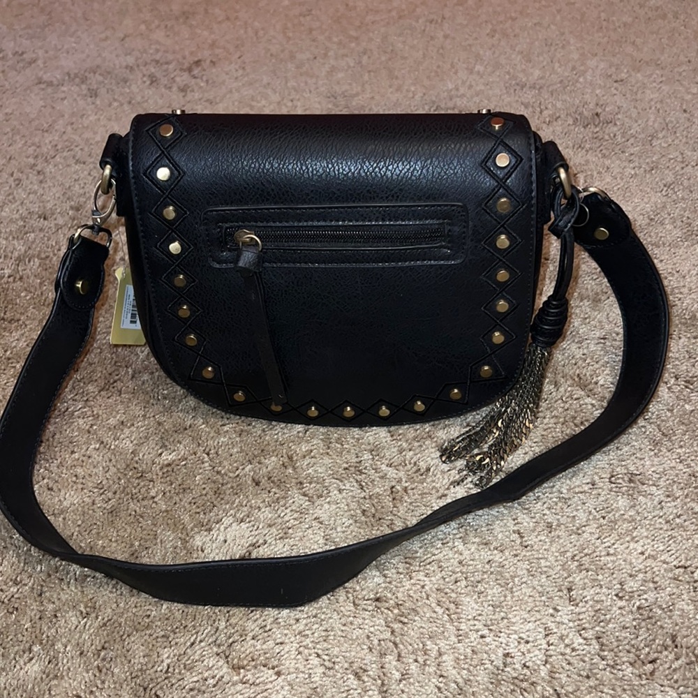 Gal Black Genuine Leather Bronze Studded Flap Satchel Shoulder Bag